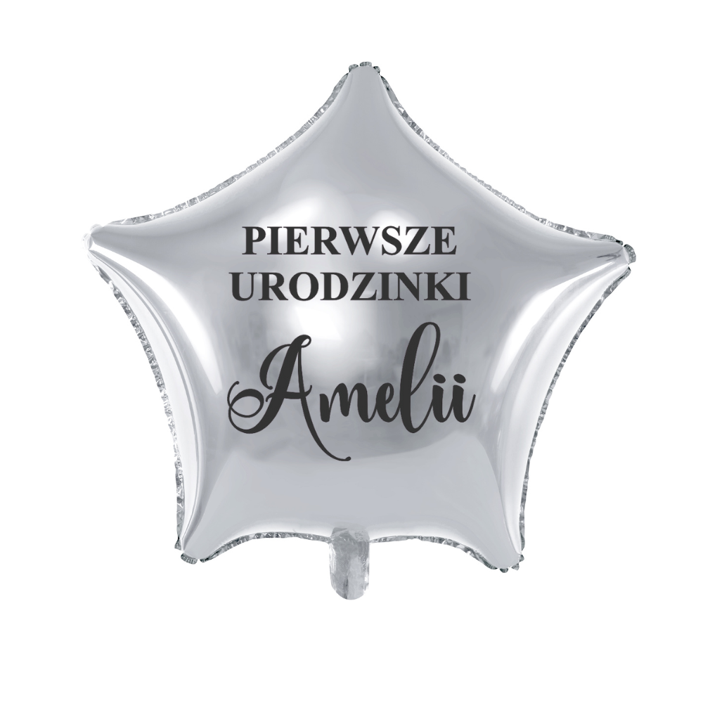 srebrny balon gwiazdka na pierwsze urodziny z imieniem dziecka personalizacja