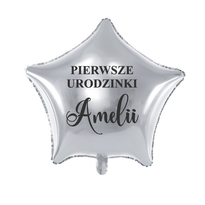 srebrny balon gwiazdka na pierwsze urodziny z imieniem dziecka personalizacja