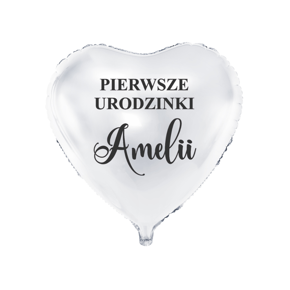 biały balon serce na pierwsze urodziny z imieniem dziecka personalizacja