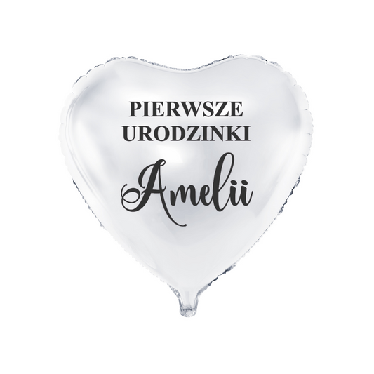biały balon serce na pierwsze urodziny z imieniem dziecka personalizacja