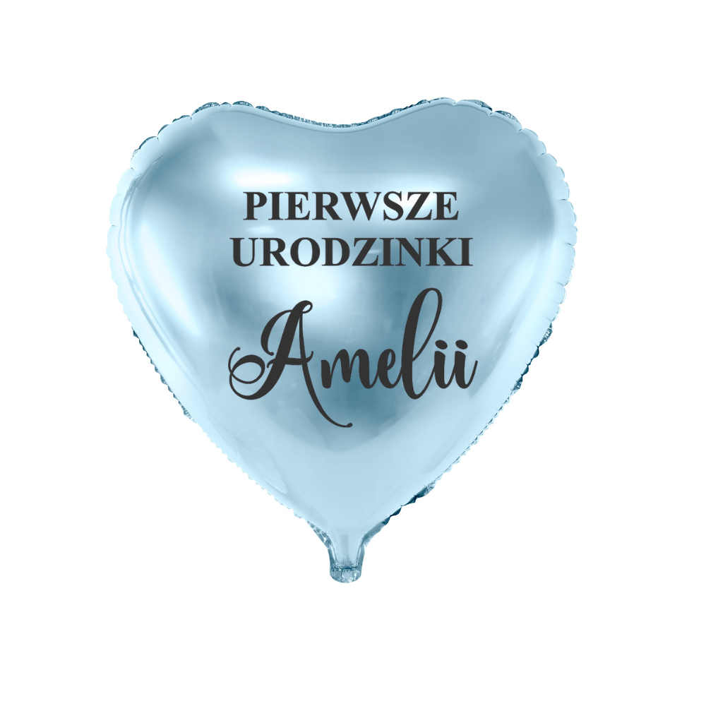 błękitny niebieski  balon serce na pierwsze urodziny z imieniem dziecka personalizacja