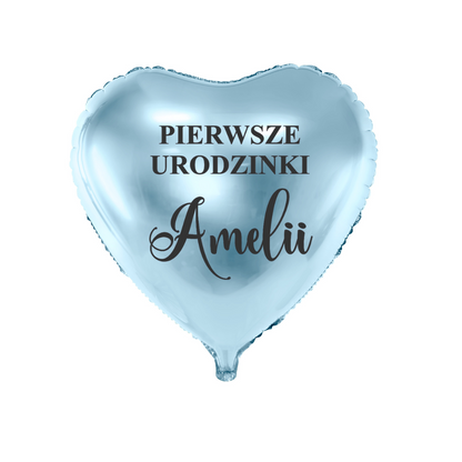 błękitny niebieski  balon serce na pierwsze urodziny z imieniem dziecka personalizacja