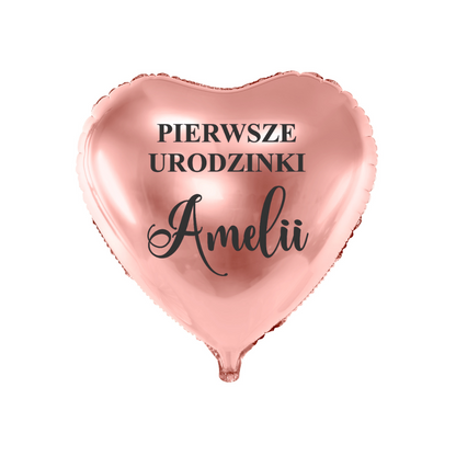 balon serce na pierwsze urodziny z imieniem dziecka różowe złoto personalizacja