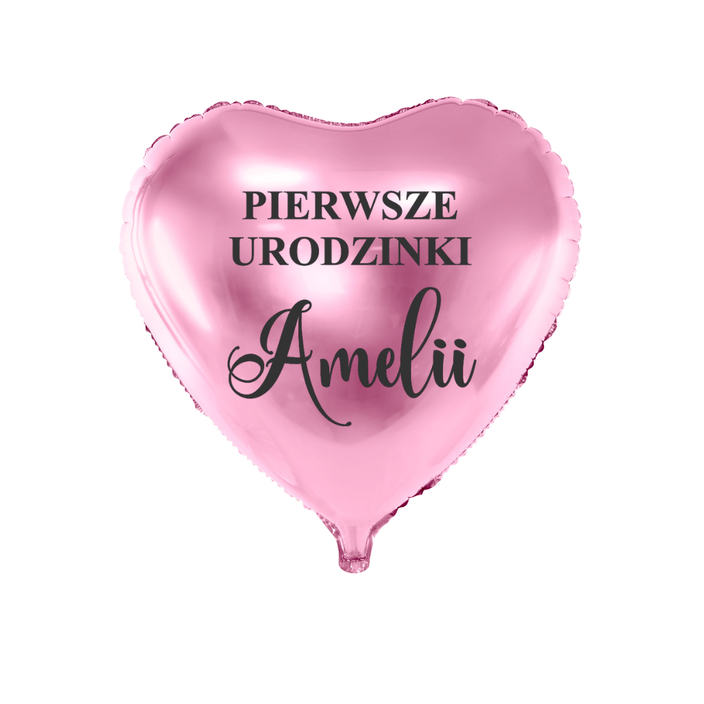 różowy balon serce na pierwsze urodziny z imieniem dziecka personalizacja