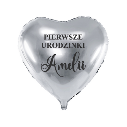 srebrny balon serce na pierwsze urodziny z imieniem dziecka personalizacja