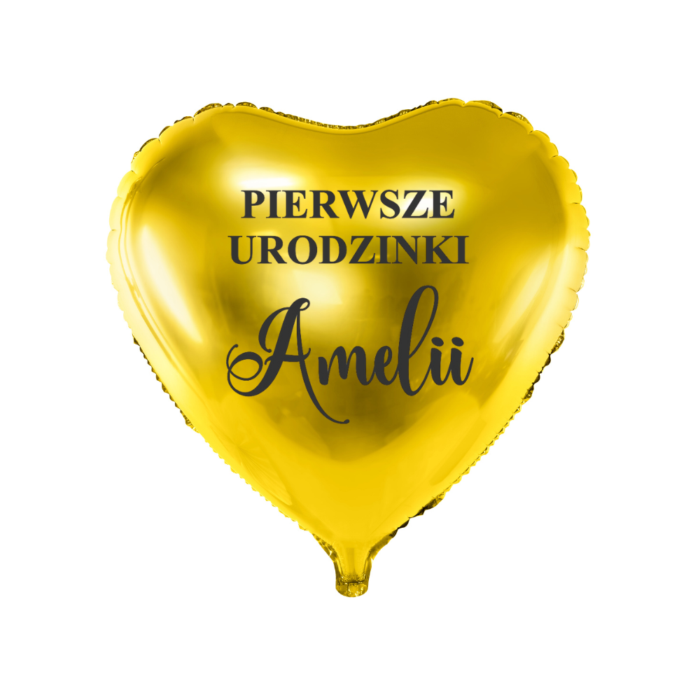 złoty balon serce na pierwsze urodziny z imieniem dziecka personalizacja