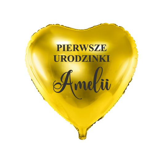 złoty balon serce na pierwsze urodziny z imieniem dziecka personalizacja