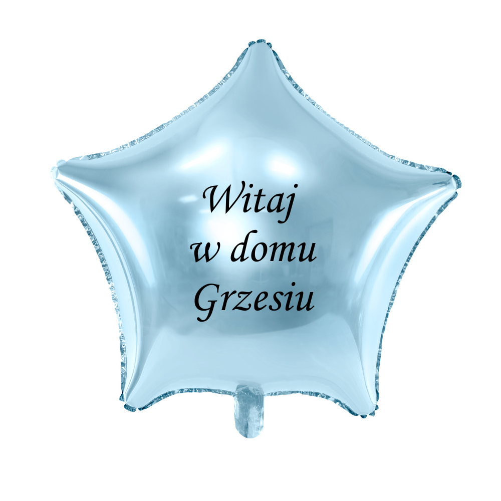 niebieski błękitny balon gwiazdka z napisem witaj w domu z imieniem personalizacja