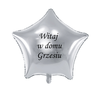 srebrny balon gwiazdka z napisem witaj w domu z imieniem personalizacja
