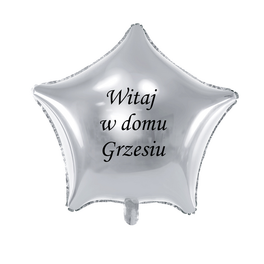 srebrny balon gwiazdka z napisem witaj w domu z imieniem personalizacja