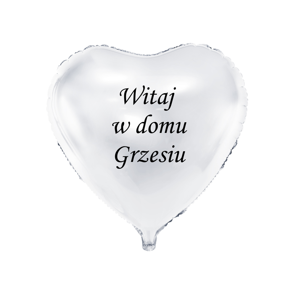 biały balon serce z napisem witaj w domu z imieniem personalizacja