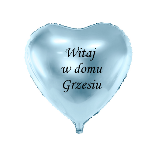 błękitny niebieski balon serce z napisem witaj w domu z imieniem personalizacja
