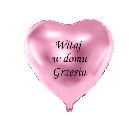 różowy balon serce z napisem witaj w domu z imieniem personalizacja