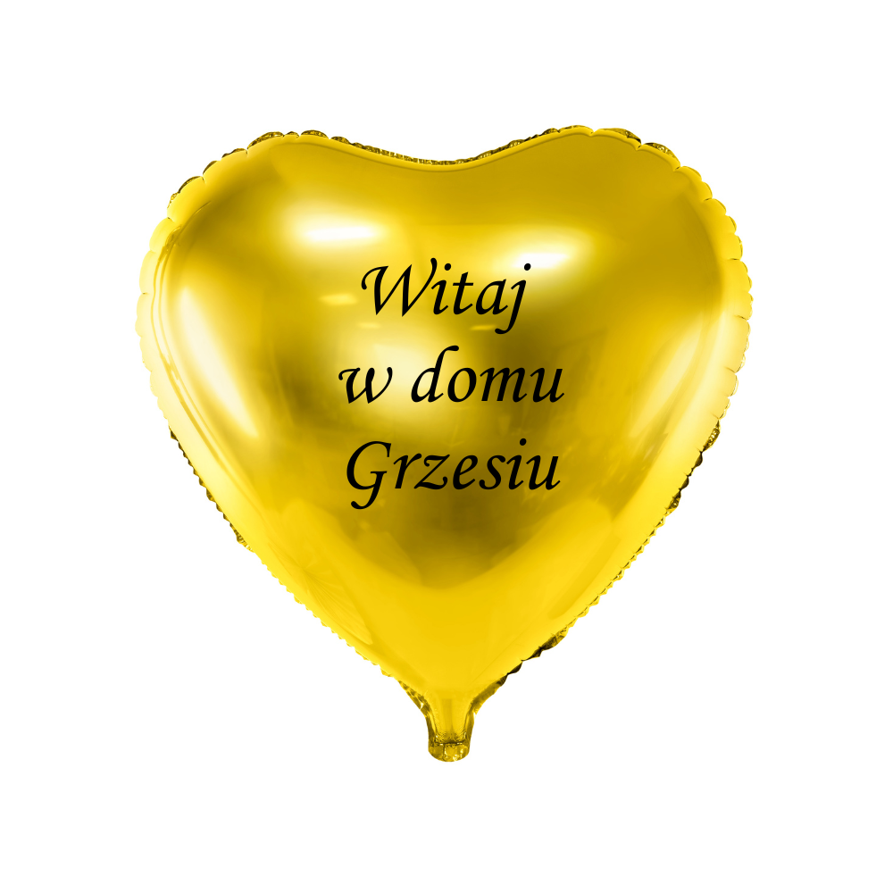 złoty balon serce z napisem witaj w domu z imieniem personalizacja