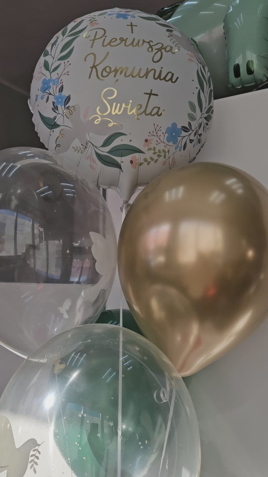 Zestaw bukiet balonów na Pierwszą Komunię Świętą biel, zieleń i złoto