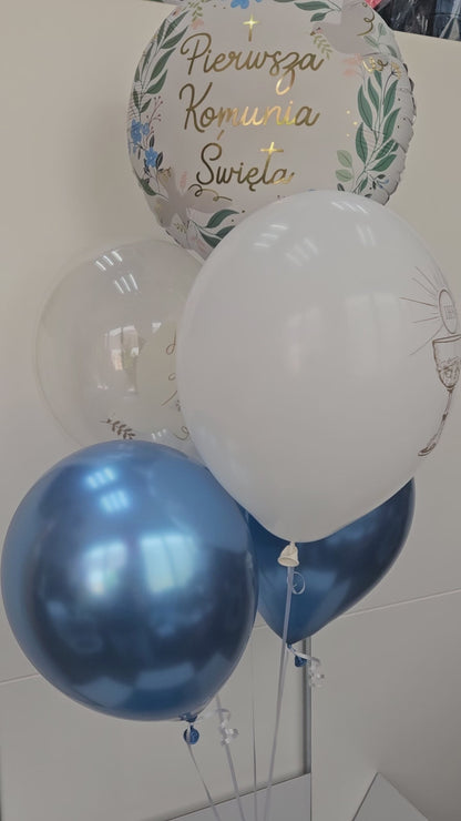 Zestaw bukiet balonów na Pierwszą Komunię Świętą biel, błękit i złoto