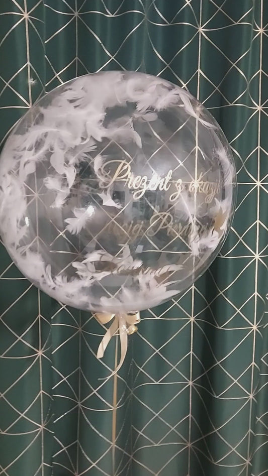 Zestaw Balon Przezroczysty + Piórka + Napis złoty