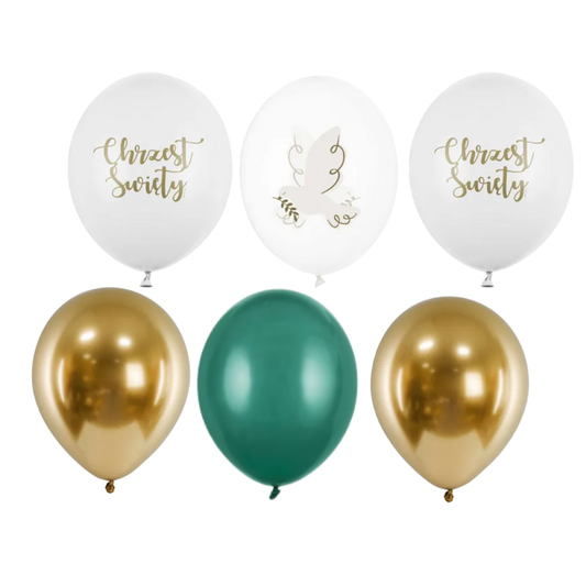 Zestaw bukiet balonów Chrzest Święty z gołębiem biel, zieleń i złoto