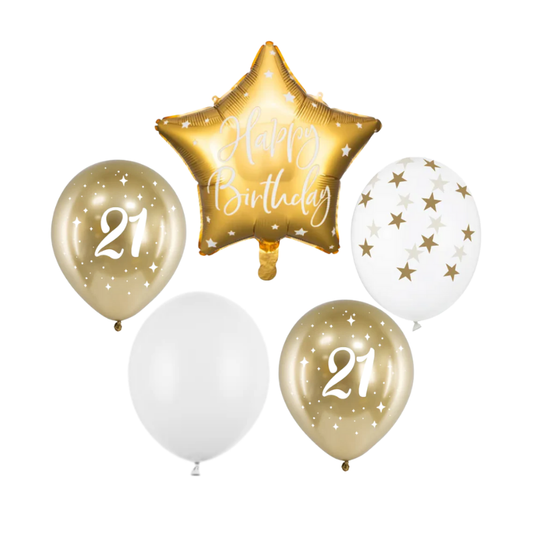 Zestaw bukiet balonów Happy Birthday na 21 urodziny biel i złoto