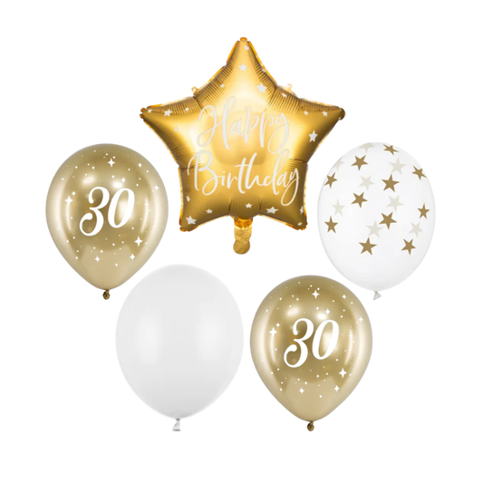 Zestaw bukiet balonów Happy Birthday na 30 urodziny biel i złoto