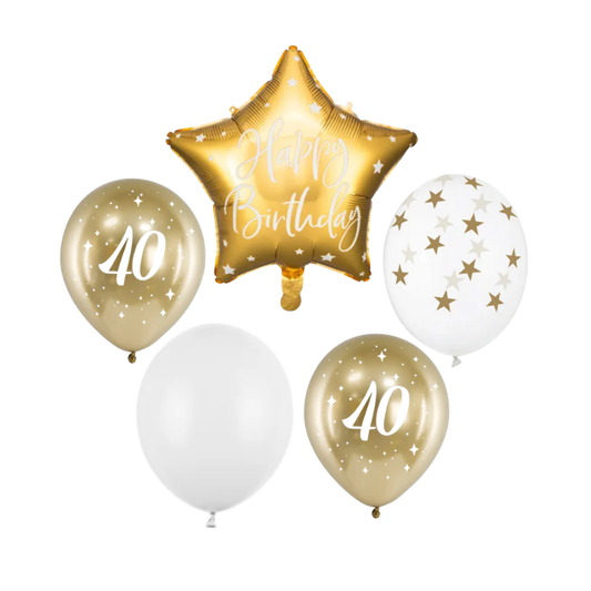 Zestaw bukiet balonów Happy Birthday na 40 urodziny biel i złoto