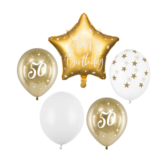 Zestaw bukiet balonów Happy Birthday na 50 urodziny biel i złoto