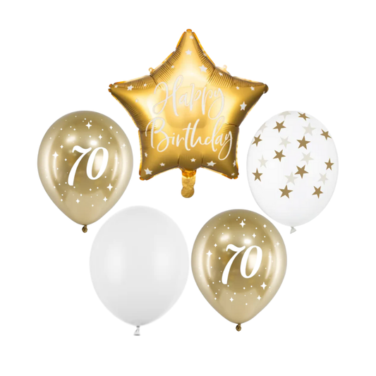 Zestaw bukiet balonów Happy Birthday na 70 urodziny biel i złoto