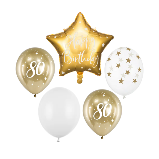 Zestaw bukiet balonów Happy Birthday na 80 urodziny biel i złoto