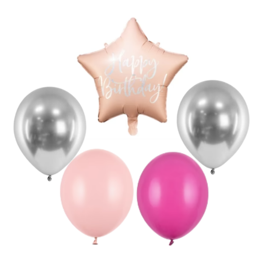 Zestaw bukiet balonów Happy Birthday róż i srebro