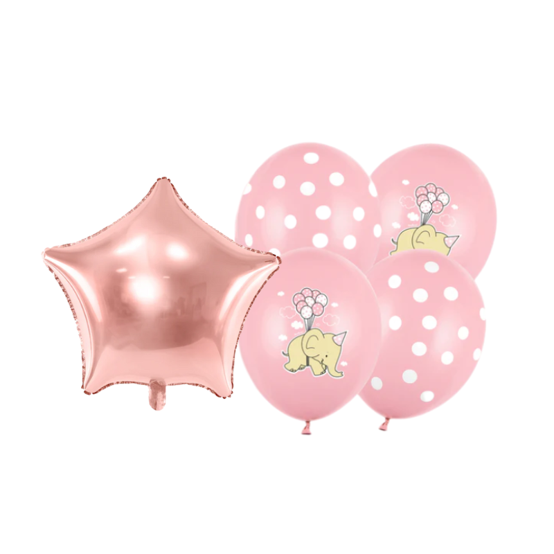 Balony z Helem w Pudełku Prezentowym – Baby Shower „Słonik i Kropeczki” Różowy